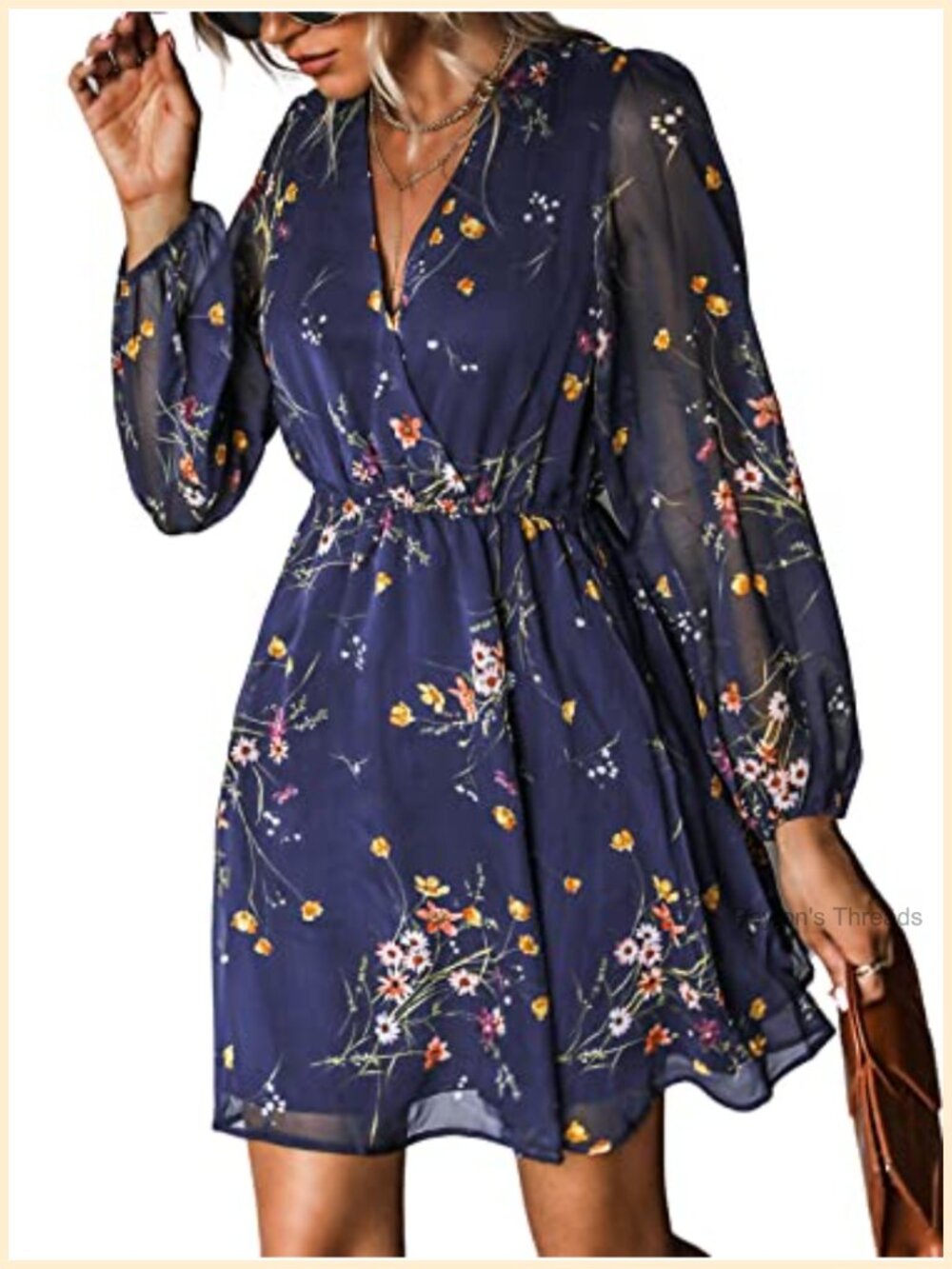 Women's Floral Chiffon Long Sleeve Mini Dress V Neck Wedding Guest Boho